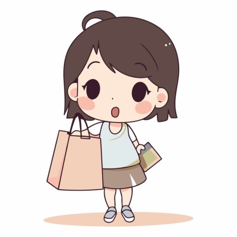 Cute little girl with shopping bags in cartoon style.