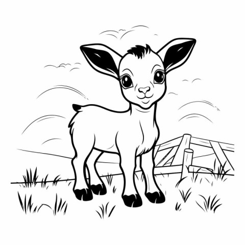 Black and white vector illustration of a cute baby goat standing