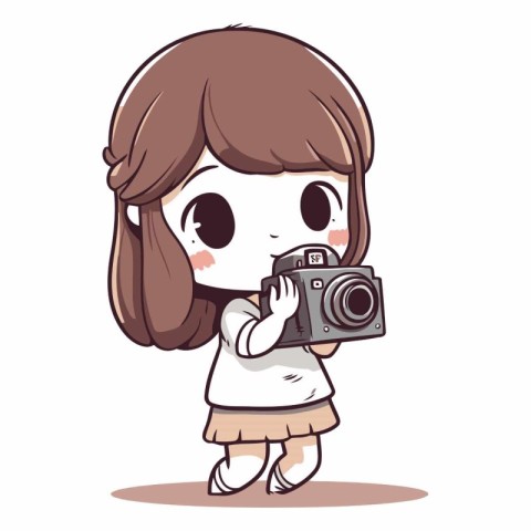 Cute girl taking photo with a camera on white background.