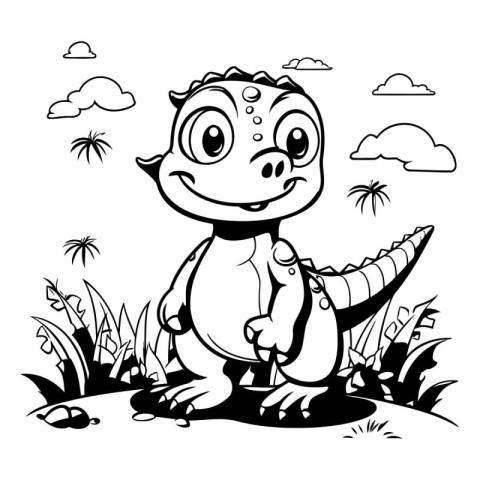 Cute little dinosaur in the jungle. Black and white vector illus