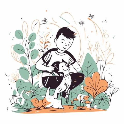 Boy with dog in the park in sketch style.