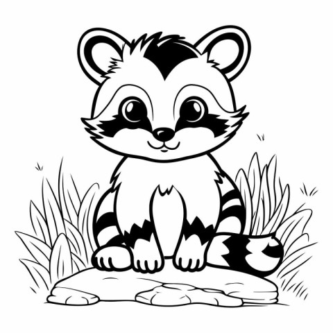 Cute raccoon sitting on the rock. Black and white vector illustr