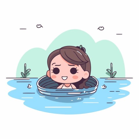 Cute little girl in swimming pool in cartoon style.