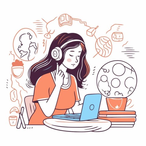 Vector line art illustration of a girl with headphones listening