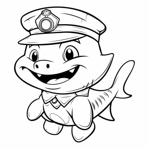 Black and White Cartoon Illustration of Cute Fish Captain Animal