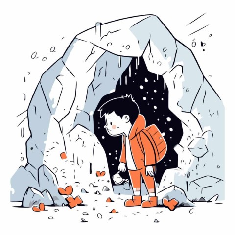 Boy with a backpack in a cave of a boy in a cave.