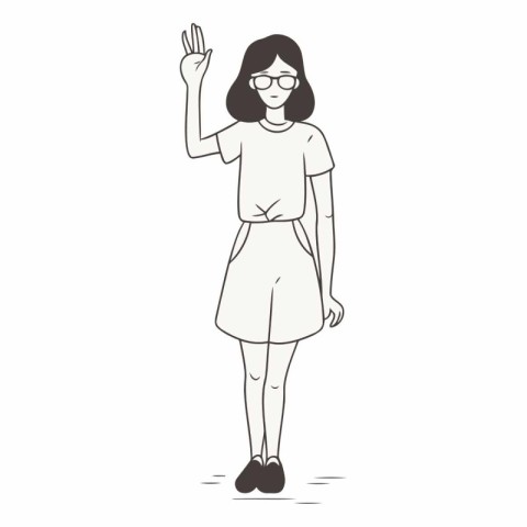 Young woman showing ok hand sign in sketch style.