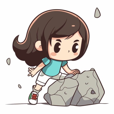 Little girl climbing a rock. Cute cartoon character vector illus