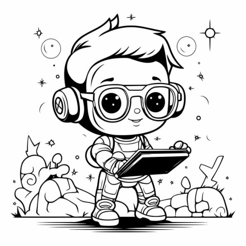 Cute cartoon boy with headphones and tablet computer.