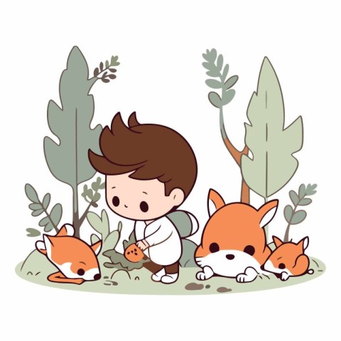 Cute little boy playing with foxes in the garden.