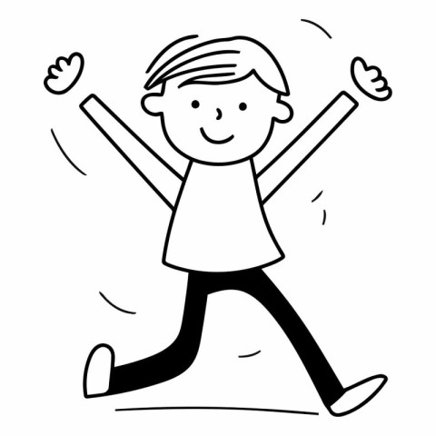 Happy boy running and jumping vector illustration in black and w