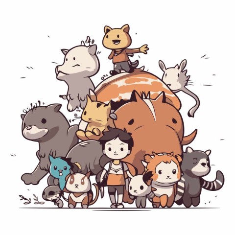 Cartoon vector illustration of a group of children and animals i