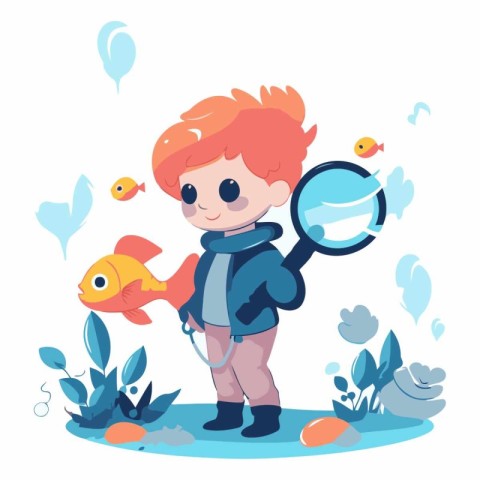 Boy with a magnifying glass and a goldfish