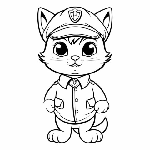 Black and White Cartoon Illustration of Cute Cat Police Officer