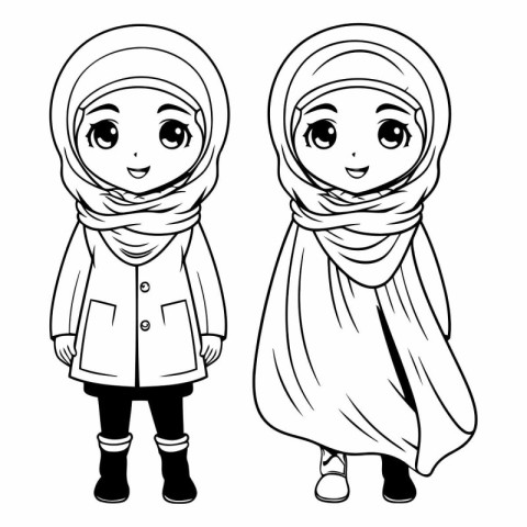 Muslim girl and boy in traditional clothes for coloring book.