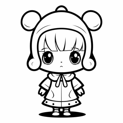 Cute little girl in winter clothes. Black and white vector illus