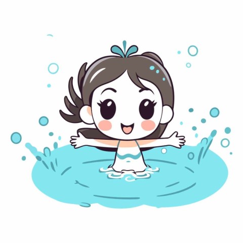 Cute little girl swimming in the pool. Vector cartoon illustrati