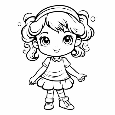 Black and White Cartoon Illustration of Cute Little Girl Charact