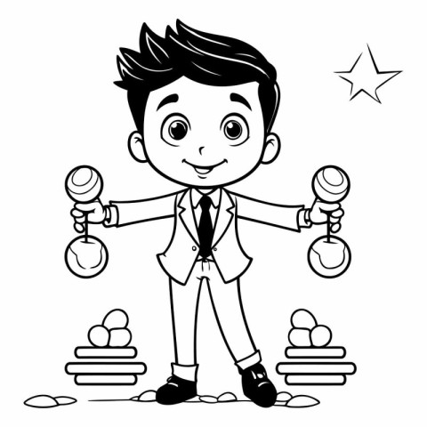 Businessman with dumbbells cartoon in black and white vector ill