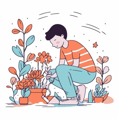 Flower shop concept. Young man watering flowers in pots