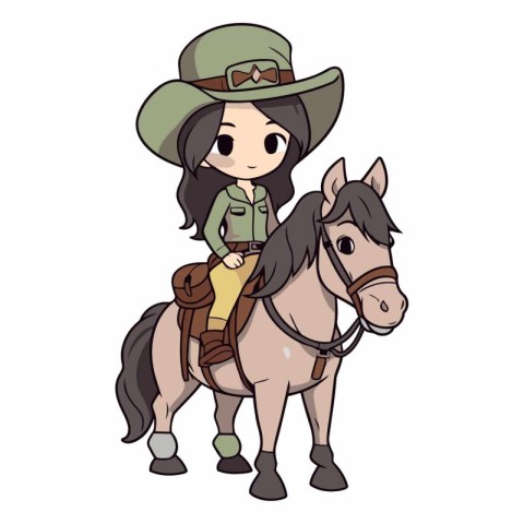 Illustration of a Cute Girl Wearing Cowboy Costume and Riding a