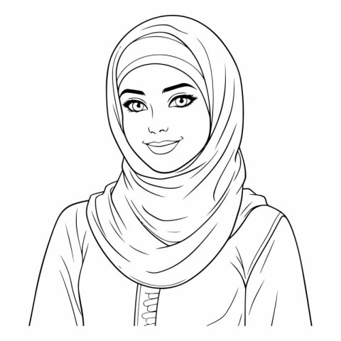 Beautiful muslim woman in hijab. black and white vector illustra