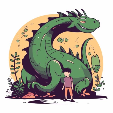 Cartoon illustration of a little boy standing next to a big gree