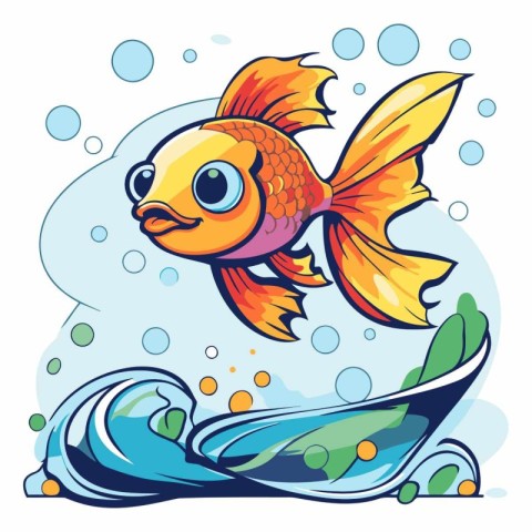 Goldfish swimming in the sea. Cartoon style.