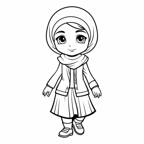 Cute Muslim girl in traditional clothes for coloring book.