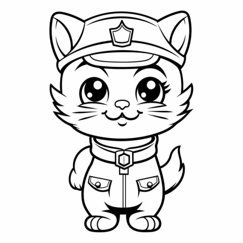 Black and White Cartoon Illustration of Cute Cat Police Officer