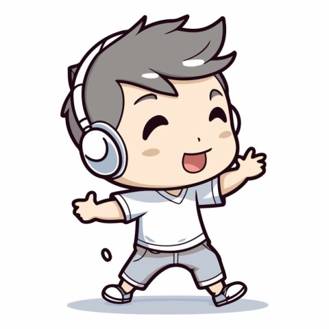 Cute Boy Listening to Music - Cartoon Illustration. Vector