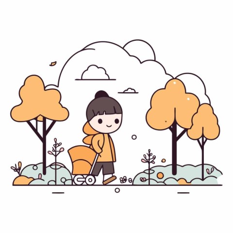 Girl walking in the park in line art style.