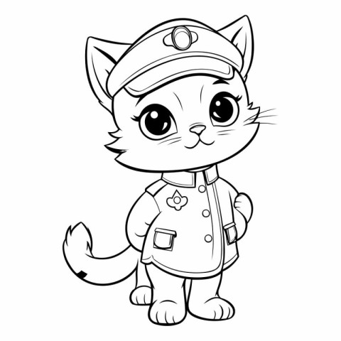 Black and White Cartoon Illustration of Cute Cat Captain Charact