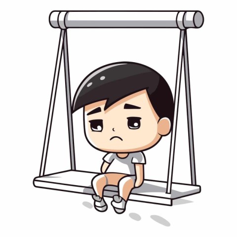 Sad Boy Sitting on Swing - Cute Cartoon Vector Character Illustr