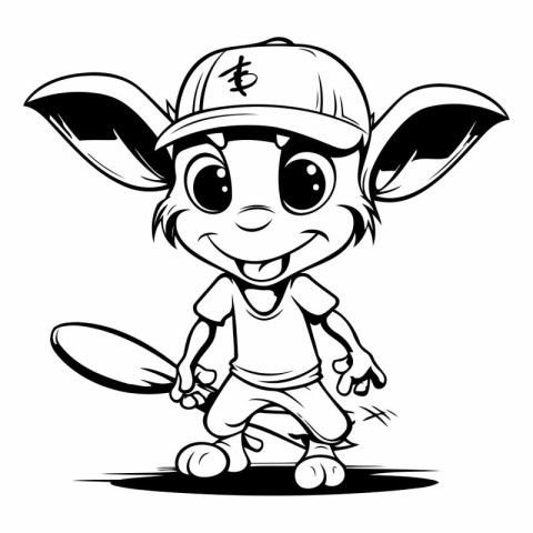 Cute Little Boy Playing Tennis - Black and White Cartoon Illustr