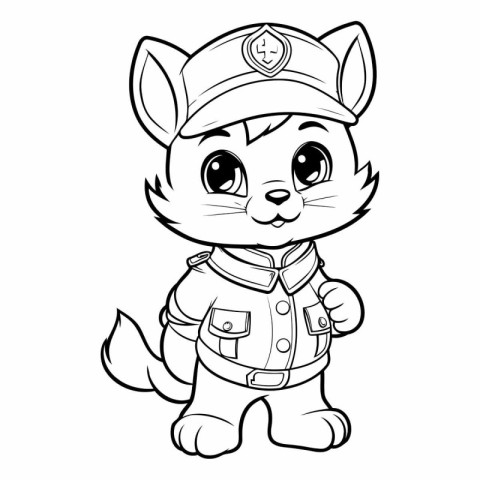 Black and White Cartoon Illustration of Cute Cat Police Officer