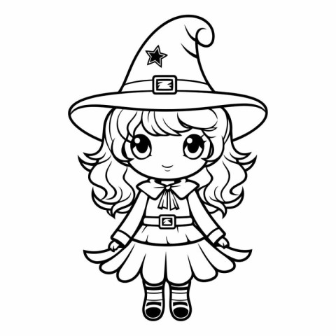 Black and White Cartoon Illustration of Cute Witch Girl Characte