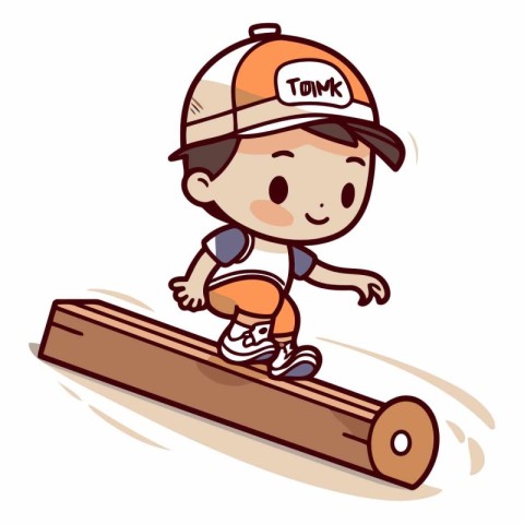 Cute little boy playing on a wooden board.