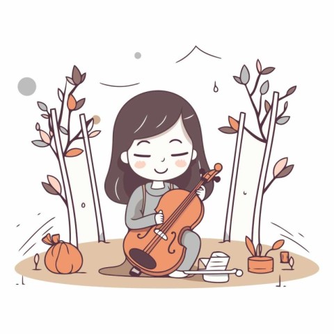 Girl playing the violin in the park. Cute cartoon vector illustr