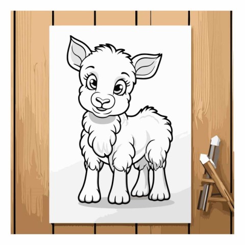 Illustration of a cute baby goat on a wooden background