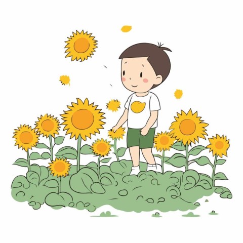 Cute little boy watering sunflowers in the garden.