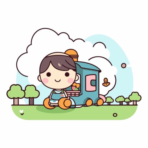 Cute little boy riding a trailer in the garden.