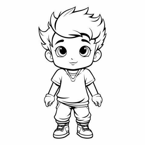 Vector illustration of a cute cartoon little boy. Black and whit