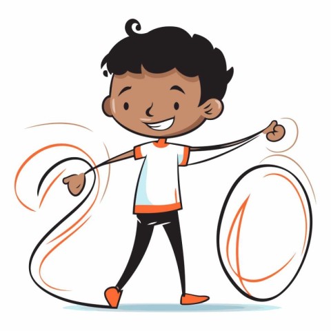 Boy with skipping rope in cartoon style on white background.