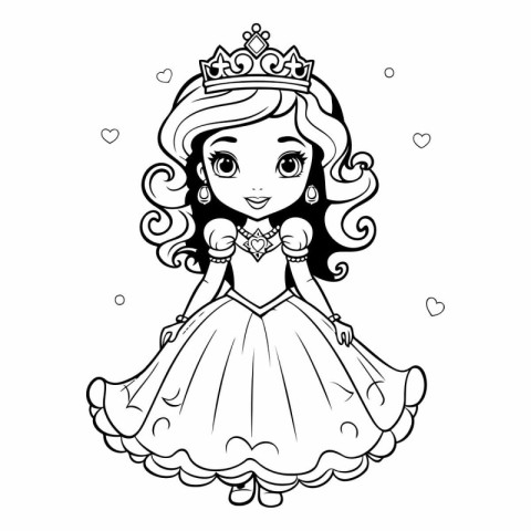 Cute princess in a beautiful dress with a crown. Black and white