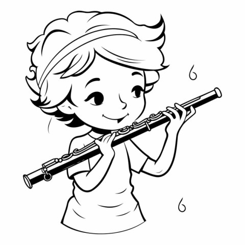 Illustration of a Little Boy Playing the Flute - Coloring Book