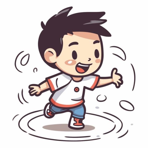 Cartoon boy playing in puddle. Vector clip art illustration.