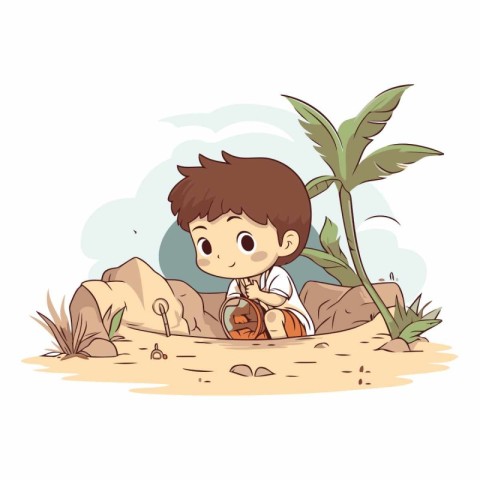 Boy playing guitar on the beach in cartoon style.