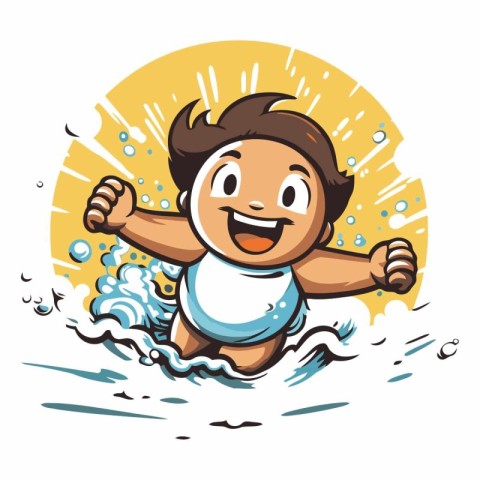 Cartoon happy boy splashing in the sea.