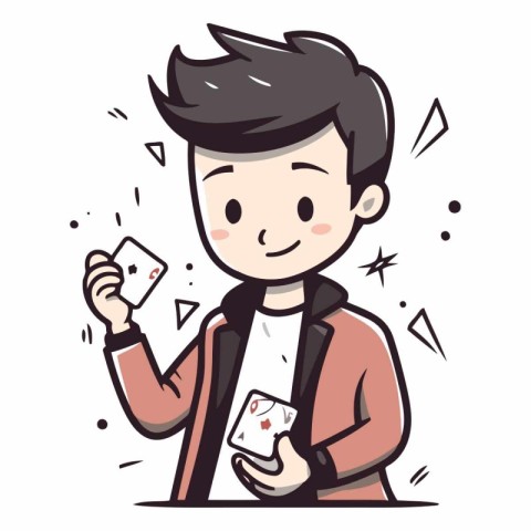 Illustration of a young man holding a pair of playing cards.